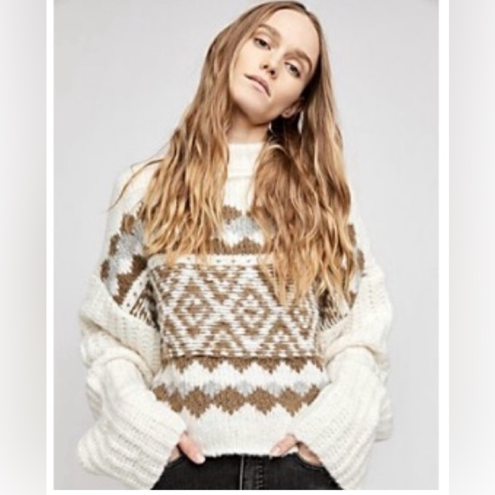 #792 Free People Fair Isle Wool Alpaca Blend Cropped Sweater Mock Neck Medium